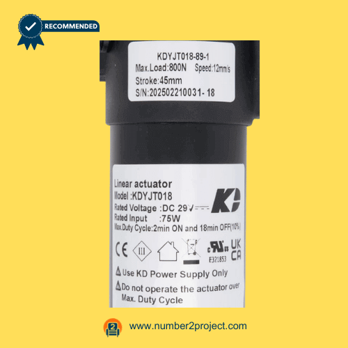 KAIDI KDYJT018-89-1 linear actuator motor specification label DC29V 800N 12mm/s recliner lift chair actuator rating plate close up motion furniture replacement actuator Number2project