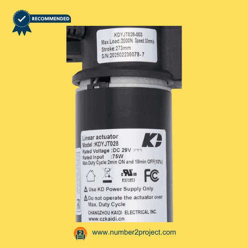 KAIDI KDYJT028-003 linear actuator motor specification label DC29V 2000N 30mm/s recliner lift chair actuator rating plate close up motion furniture replacement actuator Number2project