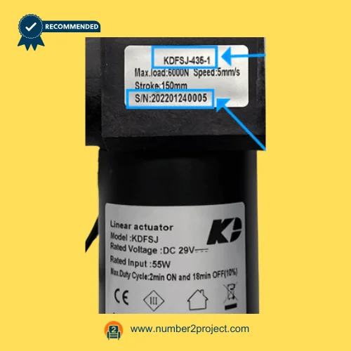 Kaidi KDFSJ-435-1 linear actuator label close up showing 6000N load rating 150mm stroke and DC 29V specifications for power recliner lift chair actuator replacement Number2project