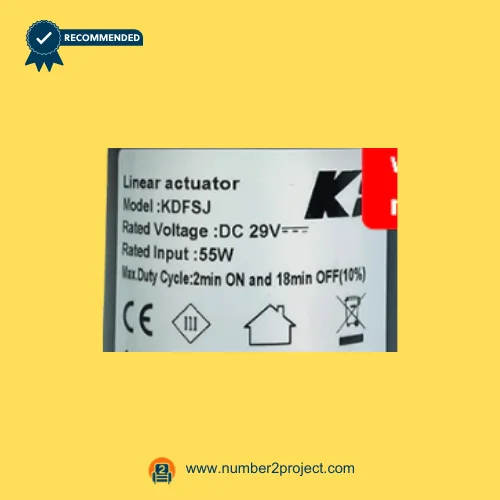 Kaidi KDFSJ linear actuator motor rating label showing DC 29V input 55W duty cycle for power recliner lift chair replacement actuator Number2project