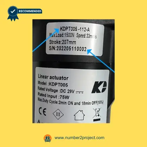 Kaidi KDPT005-112-A linear actuator label close up showing 1500N load rating 207mm stroke 33mm/s speed and DC 29V specifications for power recliner lift chair actuator replacement Number2project