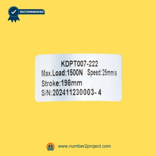 Kaidi KDPT007-222 linear actuator label close up showing 1500N load rating 198mm stroke and speed specifications for power recliner lift chair actuator identification Number2project
