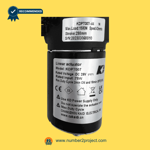 Kaidi KDPT007-44 N linear actuator motor label close up showing DC 29V ratings stroke and load specifications power recliner lift chair actuator Number2project