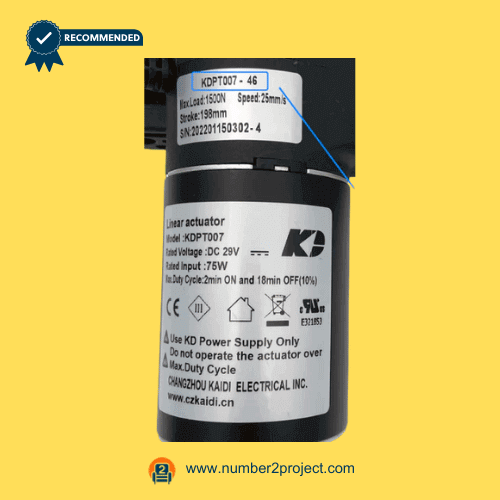 Kaidi KDPT007-46 linear actuator motor label close up showing DC 29V ratings stroke and load specifications power recliner lift chair actuator Number2project