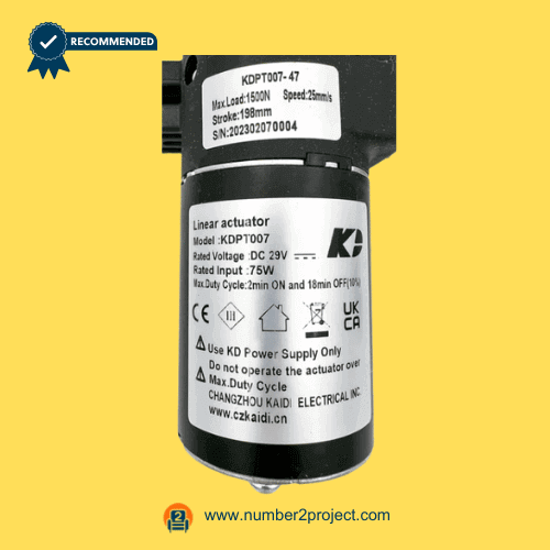 Kaidi KDPT007-47 linear actuator motor label close up showing DC 29V ratings stroke and load specifications power recliner lift chair actuator Number2project