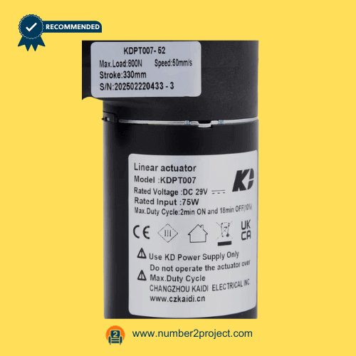 Kaidi KDPT007-52 linear actuator motor label close up showing DC 29V ratings and stroke specifications power recliner lift chair actuator Number2project