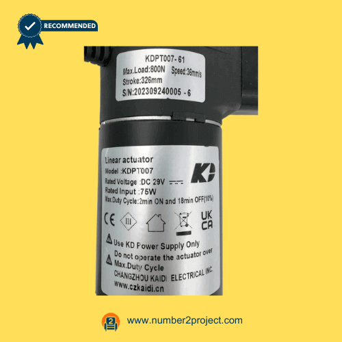 Kaidi KDPT007-61 recliner linear actuator motor label close up showing DC 29V rating and specifications power recliner lift chair actuator Number2project