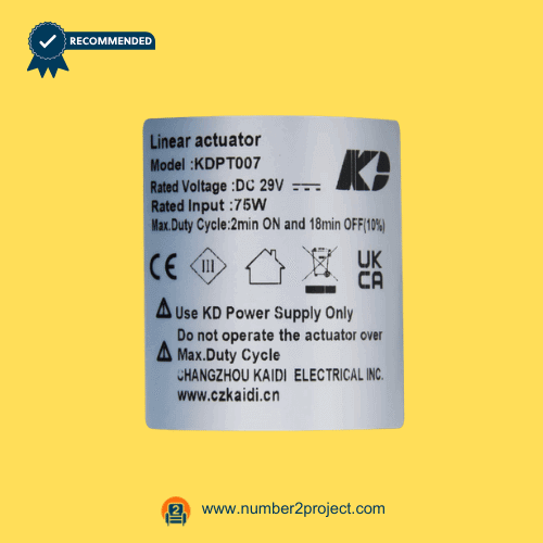 Kaidi KDPT007 linear actuator motor label close up showing DC 29V rating and duty cycle specifications power recliner lift chair actuator Number2project