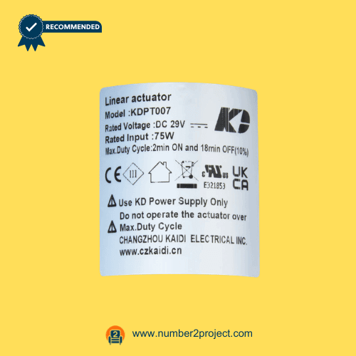 Kaidi KDPT007 linear actuator motor specification label close up showing DC 29V rating and duty cycle power recliner lift chair actuator Number2project