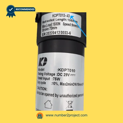 Kaidi KDPT010-43 linear actuator motor label close up showing retracted length load rating stroke and DC 29V specifications for power recliner lift chair actuator replacement Number2project