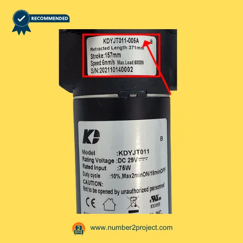Kaidi KDYJT011-005A linear actuator label close up showing retracted length stroke speed and DC 29V specifications for power recliner lift chair actuator replacement Number2project