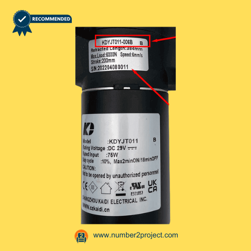 Kaidi KDYJT011-006B B recliner linear actuator motor housing label close up power lift chair actuator replacement motor motion furniture Number2project