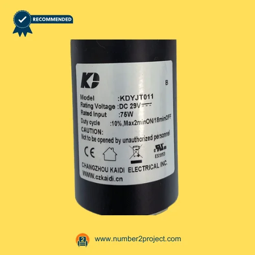 Kaidi KDYJT011 linear actuator motor label close up showing DC 29V rated voltage 75W input and duty cycle specifications for power recliner lift chair actuator replacement Number2project