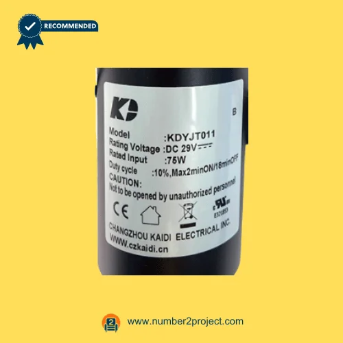 Kaidi KDYJT011 linear actuator motor label close up showing DC 29V rated voltage 75W input and duty cycle specifications for power recliner lift chair actuator replacement Number2project