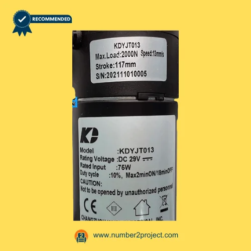 Kaidi KDYJT013 linear actuator motor label close up showing 2000N load rating stroke and DC 29V specifications for power recliner lift chair actuator identification Number2project