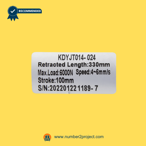 Kaidi KDYJT014-024 linear actuator label showing retracted length 330mm stroke 100mm and load 6000N adjustable bed actuator Number2project