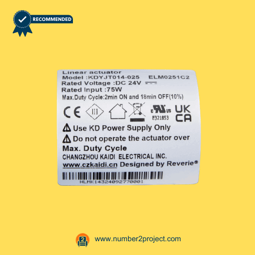 Kaidi KDYJT014-025 ELM0251C2 linear actuator motor label close up showing DC voltage rating input power and duty cycle adjustable bed actuator Number2project