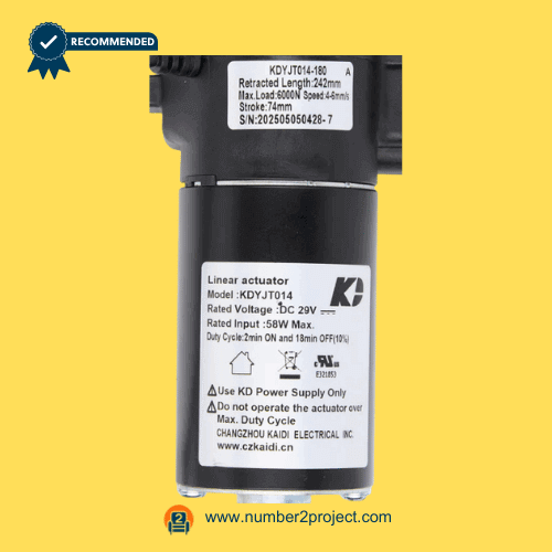 Kaidi KDYJT014-180 A linear actuator motor label close up showing DC 29V ratings stroke and load specifications adjustable bed base actuator Number2project