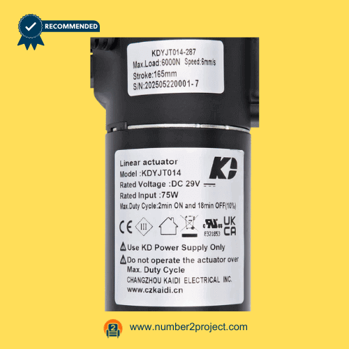 Kaidi KDYJT014-287 linear actuator motor label close up showing DC 29V ratings stroke and load specifications adjustable bed base actuator Number2project