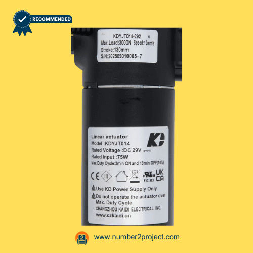 Kaidi KDYJT014-292 A linear actuator motor label close up showing DC 29V ratings stroke and load specifications adjustable bed base actuator Number2project