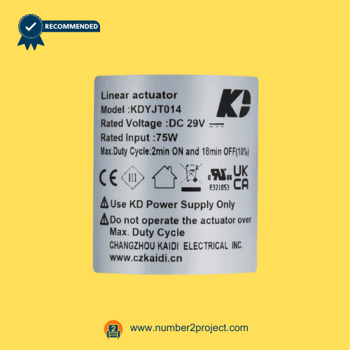 Kaidi KDYJT014 linear actuator motor label close up showing DC 29V rating and 75W input power recliner adjustable bed actuator Number2project
