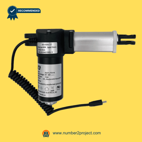 Kaidi KDYJT018-117 Linear Actuator Motor Assembly for ReclinerLift Chair – Side View Kaidi KDYJT018-117 linear actuator motor assembly for power recliner lift chair with coiled power cable and mounting clevis motion furniture actuator close up Number2project
