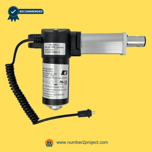 Kaidi KDYJT018-12 Linear Actuator Motor for ReclinerLift Chair – Side View Kaidi KDYJT018-12 linear actuator motor for power recliner lift chair with coiled power cable and mounting clevis motion furniture actuator close up Number2project