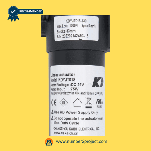 Kaidi KDYJT018-130 linear actuator motor label close up showing DC 29V ratings stroke and load specifications power recliner lift chair actuator Number2project