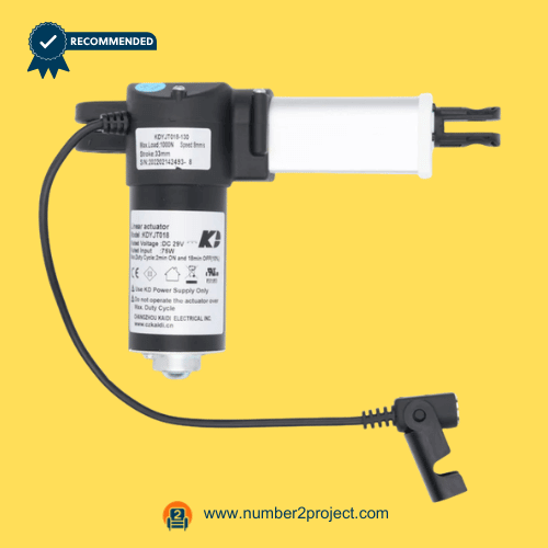 Kaidi KDYJT018-130 Linear Actuator Motor for ReclinerLift Chair – Side View Kaidi KDYJT018-130 linear actuator motor for power recliner lift chair with connector cable and mounting clevis motion furniture actuator close up Number2project