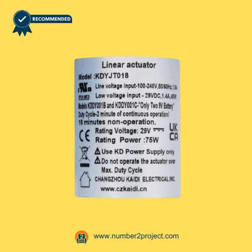 Kaidi KDYJT018 linear actuator motor label close up showing 29V DC rating and duty cycle specifications power recliner lift chair actuator Number2project