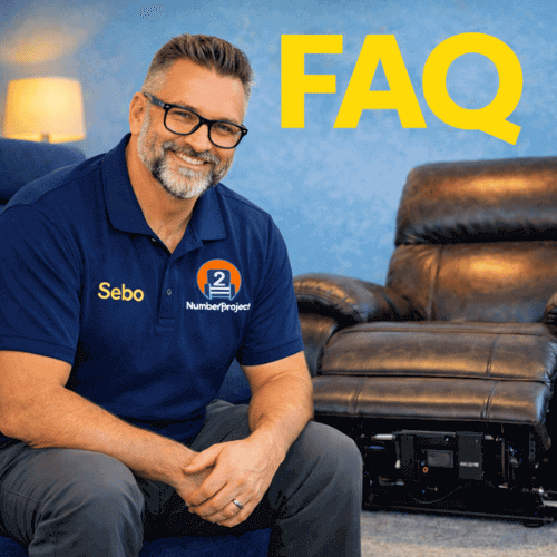 Sebo from Number2project Sofa & Recliner Repair sitting beside a power recliner with FAQ background, professional technician providing expert sofa and recliner repair answers and customer support.