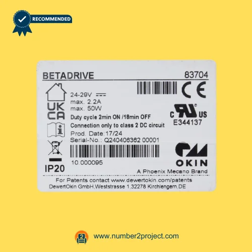OKIN Betadrive 83704 linear actuator label showing 10.000095 model number voltage rating and duty cycle for recliner lift chair motor replacement