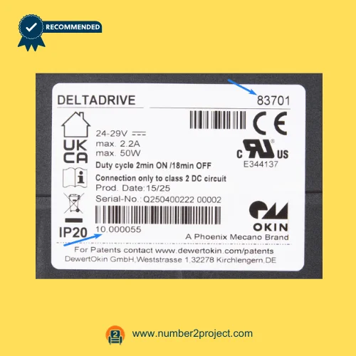 OKIN DELTADRIVE 83701 recliner lift chair linear actuator motor label showing 24-29V DC 50W electrical ratings and certifications close up Number2project