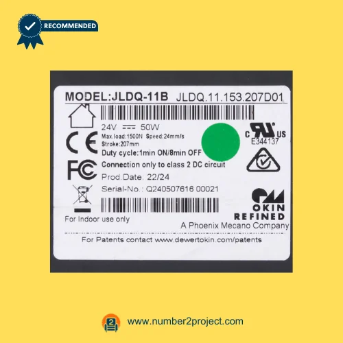 OKIN JLDQ.11.153.207D01 linear actuator label close up showing 24V 50W 24mm/s 1500N specification Number2project