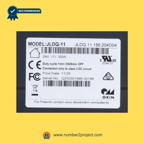 OKIN JLDQ.11.156.204D04 recliner lift chair linear actuator motor label showing 24V DC 50W electrical ratings and certifications close up Number2project