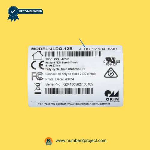 OKIN JLDQ.12.134.329D recliner lift chair actuator label showing 29V DC 48W 750N linear actuator replacement motor Number2project