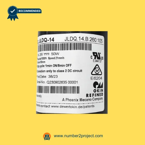 OKIN JLDQ.14.B.260.105 linear actuator label close up showing 24-29V 50W 21mm/s specification Number2project