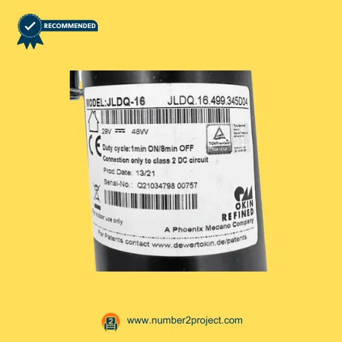 OKIN JLDQ.16.499.345D04 recliner lift chair actuator label showing 29V DC 48W duty cycle linear actuator replacement motor Number2project