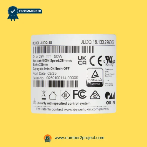 OKIN JLDQ.18.133.226D02 linear actuator identification label showing model number and electrical specifications for recliner lift chair replacement Number2project