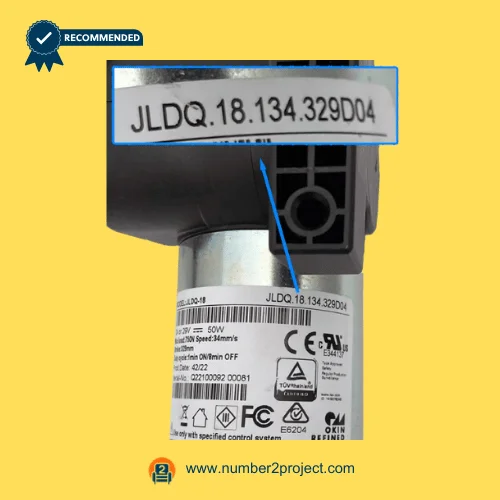 OKIN JLDQ.18.134.329D04 linear actuator label close up showing 24-29V 50W 34mm/s speed specification Number2project