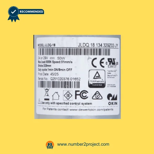 OKIN JLDQ.18.134.329Z02-JY linear actuator label close up showing 24-29V 50W 51mm/s specification Number2project
