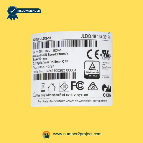 OKIN JLDQ.18.134.331S01 linear actuator label close up showing 24-29V 50W 21mm/s 331mm stroke specification Number2project