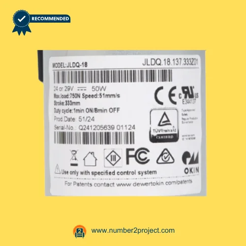 OKIN JLDQ.18.137.333Z01 recliner lift chair linear actuator motor label showing 24-29V DC 50W ratings speed and certifications close up Number2project