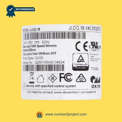 OKIN JLDQ.18.140.320Z03 recliner lift chair linear actuator motor label showing 24-29V DC 50W ratings speed and certifications close up Number2project