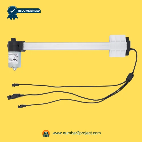 Full view of OKIN JLDQ.18.140.327Z03(330) power recliner linear actuator motor with connection cables and mounting brackets – Replacement motor for electric lift chairs and recliners – Sold by Number2project – Sofa & Recliner Repair Experts