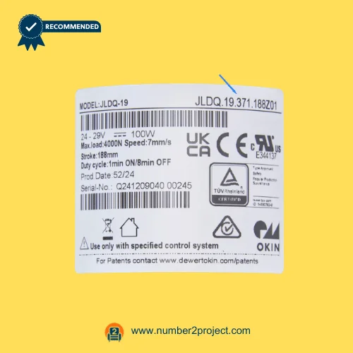 OKIN JLDQ.19.371.188Z01 recliner lift chair actuator label showing 24-29V DC 100W 4000N linear actuator replacement motor Number2project
