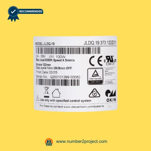OKIN JLDQ.19.373.122Z01 linear actuator label close up showing 24-29V 100W 4.5mm/s 6000N specification Number2project