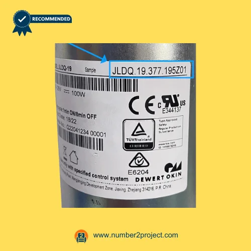OKIN JLDQ.19.377.195Z01 linear actuator model number label close up showing specifications for recliner lift chair motor replacement Number2project
