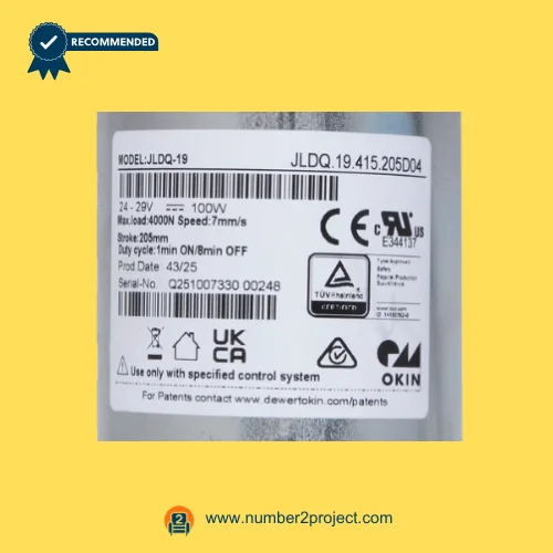 OKIN JLDQ.19.415.205D04 recliner lift chair linear actuator motor label showing 24-29V DC 100W ratings load capacity and certifications close up Number2project