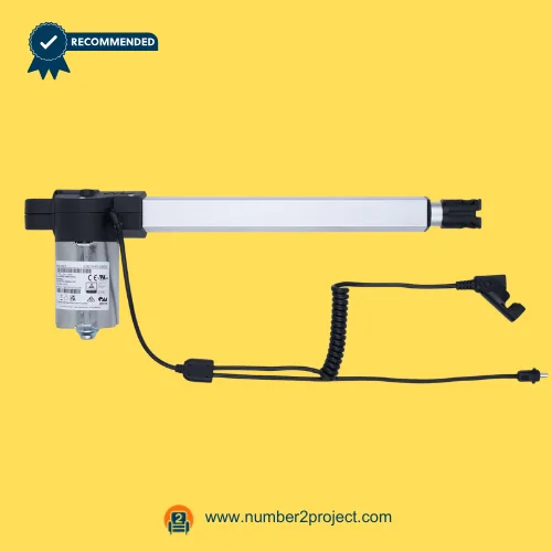 OKIN JLDQ.19.415.205D04 Linear Actuator for Power ReclinerLift Chair – Full View OKIN JLDQ.19.415.205D04 linear actuator motor for power recliner and lift chair motion furniture drive unit with coiled cable connectors close up Number2project